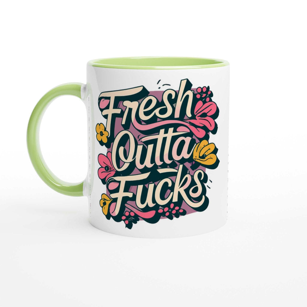Fresh Outta Fucks Fun Mug, 11oz ceramic, colorful design, humorous gift.