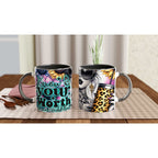 Know Your Worth motivational coffee mug with colorful design, ideal for inspiration.
