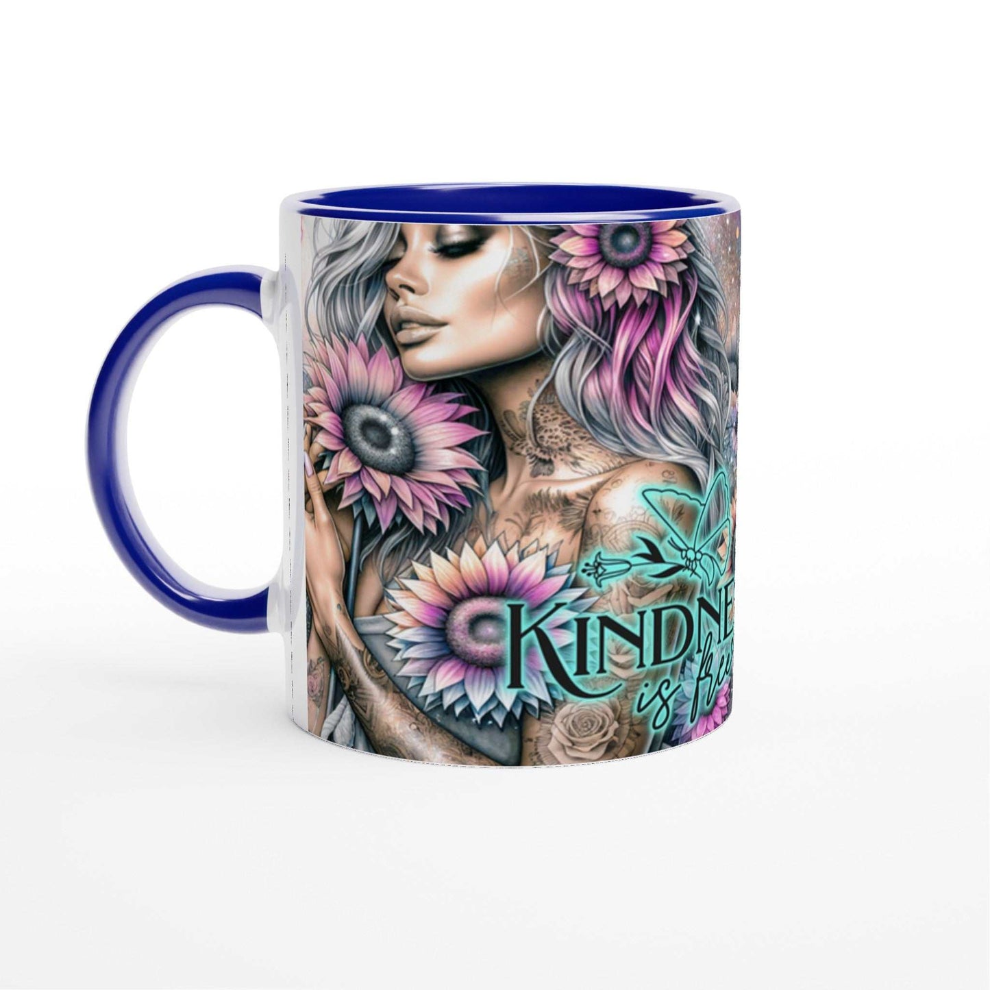 Colorful "Kindness Is Free" motivational coffee mug with vibrant design, 11oz ceramic, two-tone glossy finish, dishwasher and microwave safe.