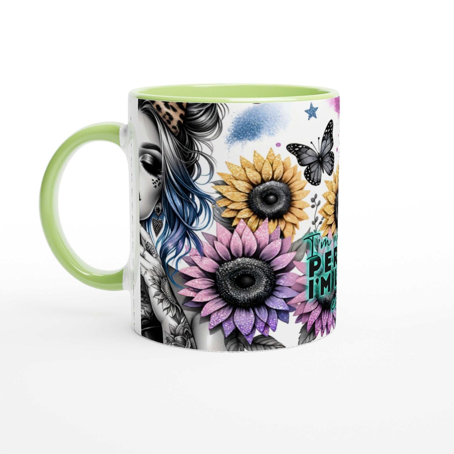 I'm Not Perfect motivational coffee mug with vibrant sunflowers and colorful design, 11oz ceramic, microwave and dishwasher safe.