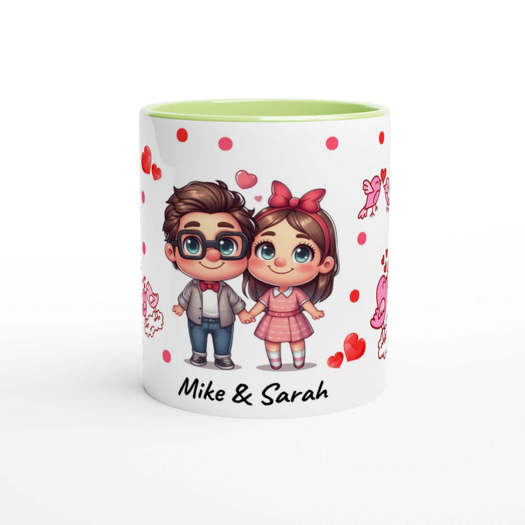Cute personalised Valentines Day mug with charming couple illustration and hearts, perfect romantic gift for lovers.