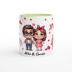 Cute personalised Valentines Day mug with charming couple illustration and hearts, perfect romantic gift for lovers.