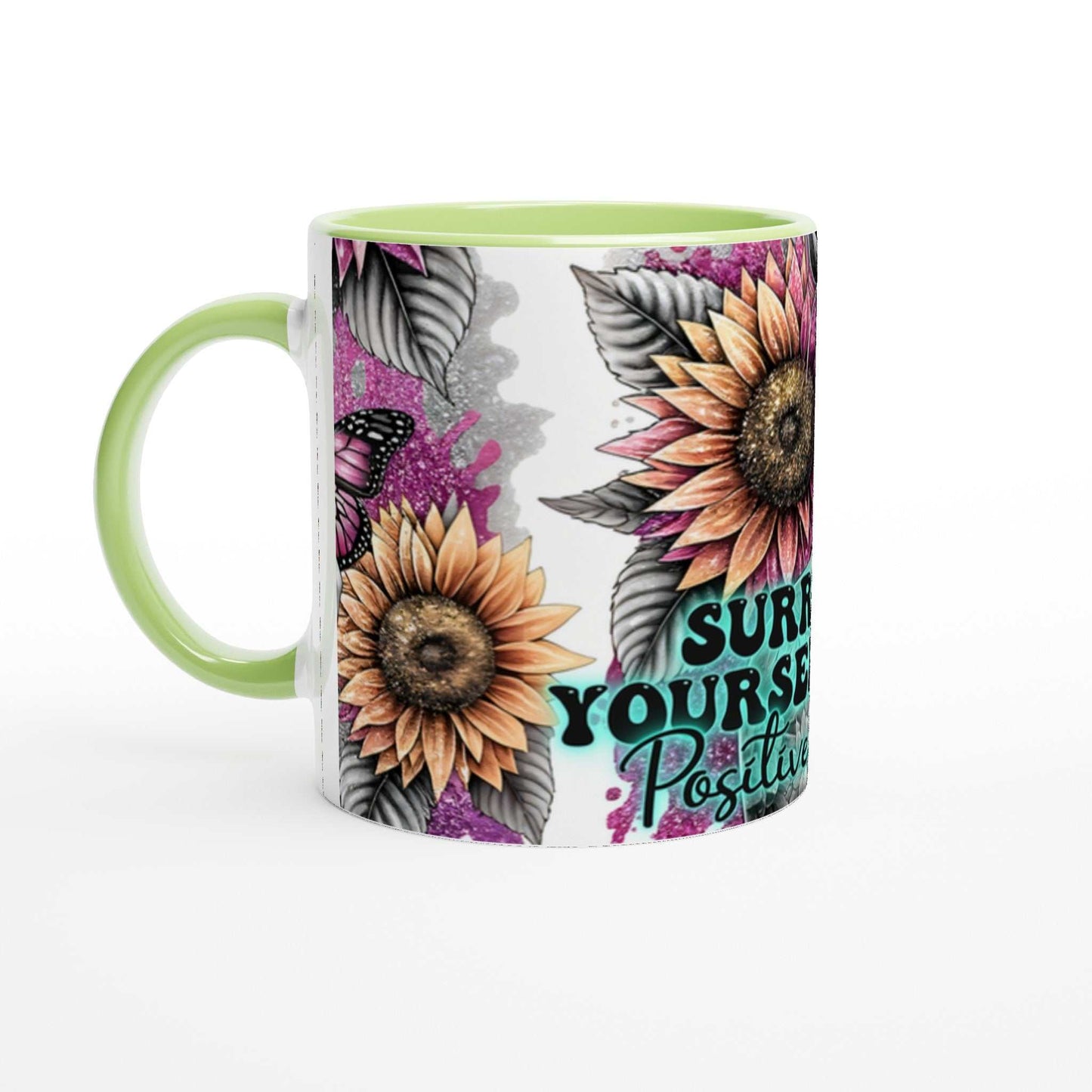 Motivational coffee mug with sunflowers and vibrant design, Positive Vibes – 11oz ceramic, glossy finish, dishwasher and microwave safe.