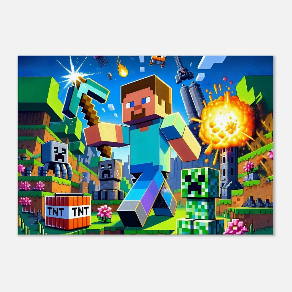 Vibrant Minecraft wall canvas with pixelated design featuring characters and TNT, perfect for fans, easy to hang.