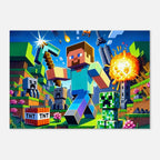 Vibrant Minecraft wall canvas with pixelated design featuring characters and TNT, perfect for fans, easy to hang.