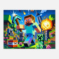Vibrant Minecraft wall canvas on FSC-certified wood stretcher bars with hanging kit available in multiple sizes and profiles