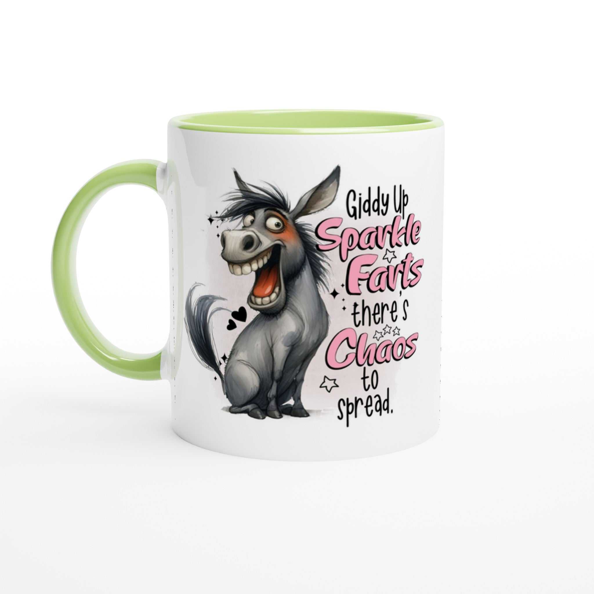 Giddy Up Sparkle Farts Quirky Mug with playful donkey design, green handle, and text.