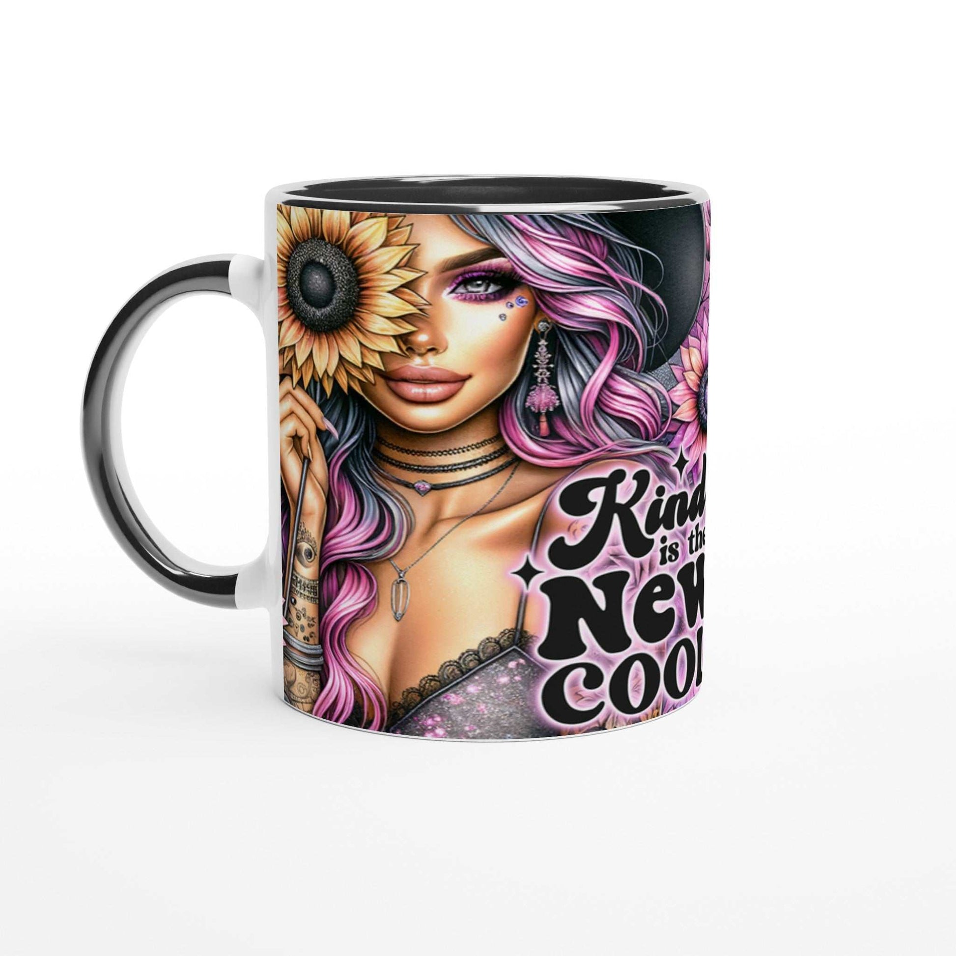 Kind Is The New Cool motivational ceramic coffee mug with vibrant design, colorful rim, and handle, featuring inspirational quote, 11oz two-tone glossy finish, microwave and dishwasher safe.