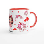 Cute personalised Valentines Day mug with heart and bird design, red accents, and name customization.