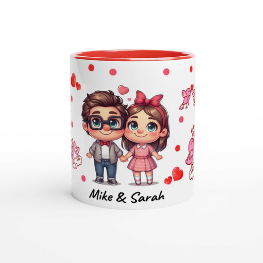 Cute personalized Valentines Day mug with charming design featuring a couple, perfect gift for lovers with red interior.