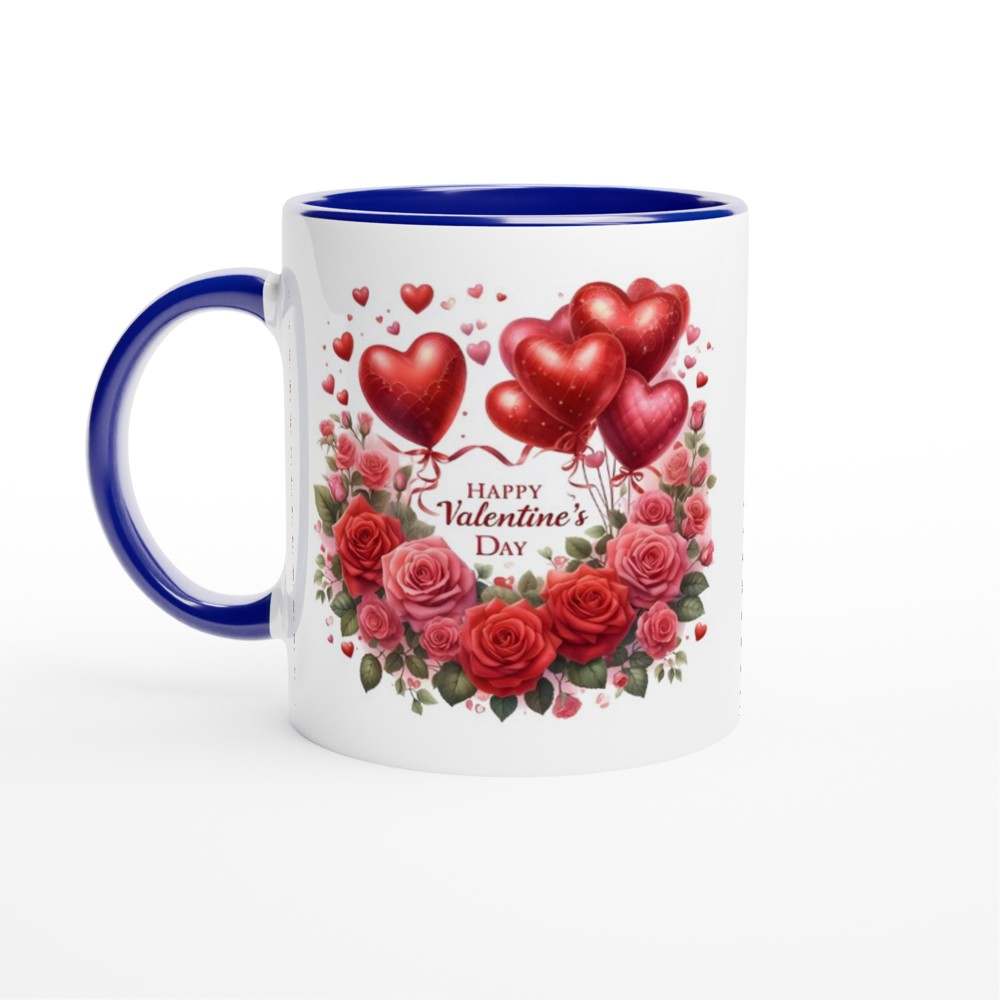 Valentines Day mug with heart and rose design, glossy white finish, blue interior and handle.