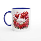 Valentines Day mug with heart and rose design, glossy white finish, blue interior and handle.