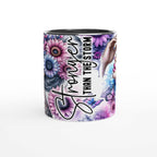 Stronger Than The Storm motivational coffee mug with vibrant floral design and inspirational quote.