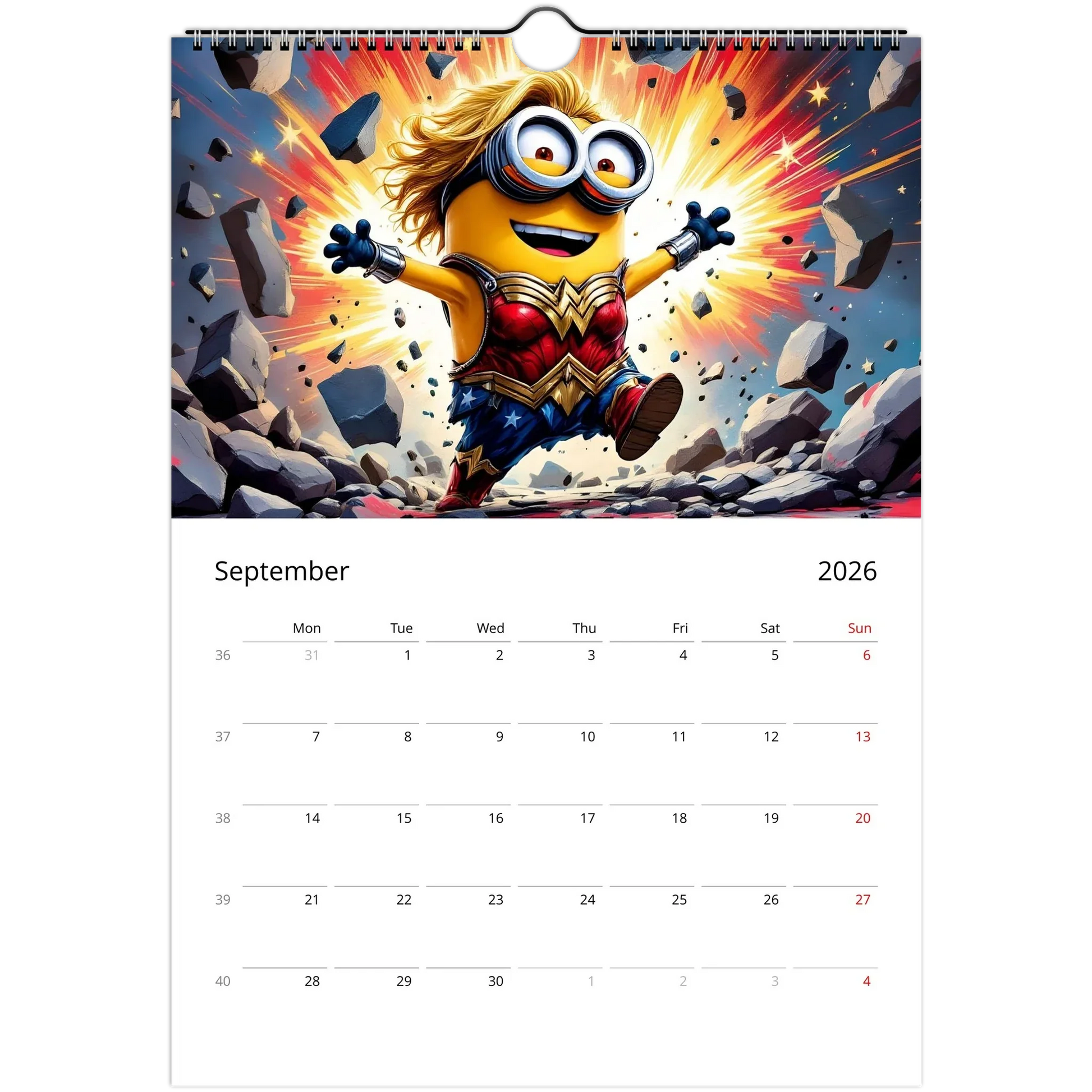 2026 Minions Superhero Wall Calendar featuring Minion dressed as superhero on glossy spiral-bound pages
