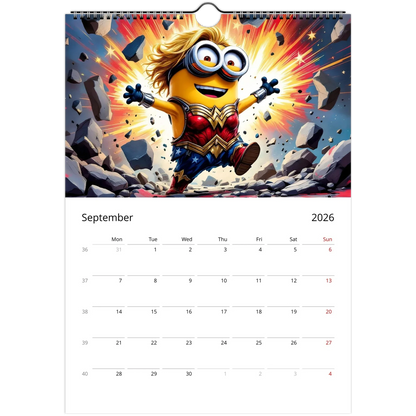 2026 Minions Superhero Wall Calendar featuring Minion dressed as superhero on glossy spiral-bound pages