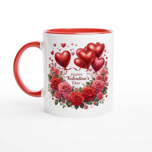 Beautiful Valentines Day Mug with red rim and heart design, 11oz ceramic, dishwasher and microwave safe.