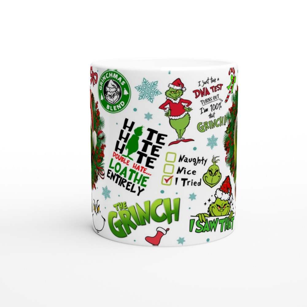 Grinch Christmas Mug with red backdrop and festive design.