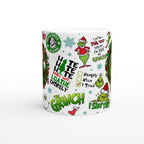 Grinch Christmas Mug with red backdrop and festive design.