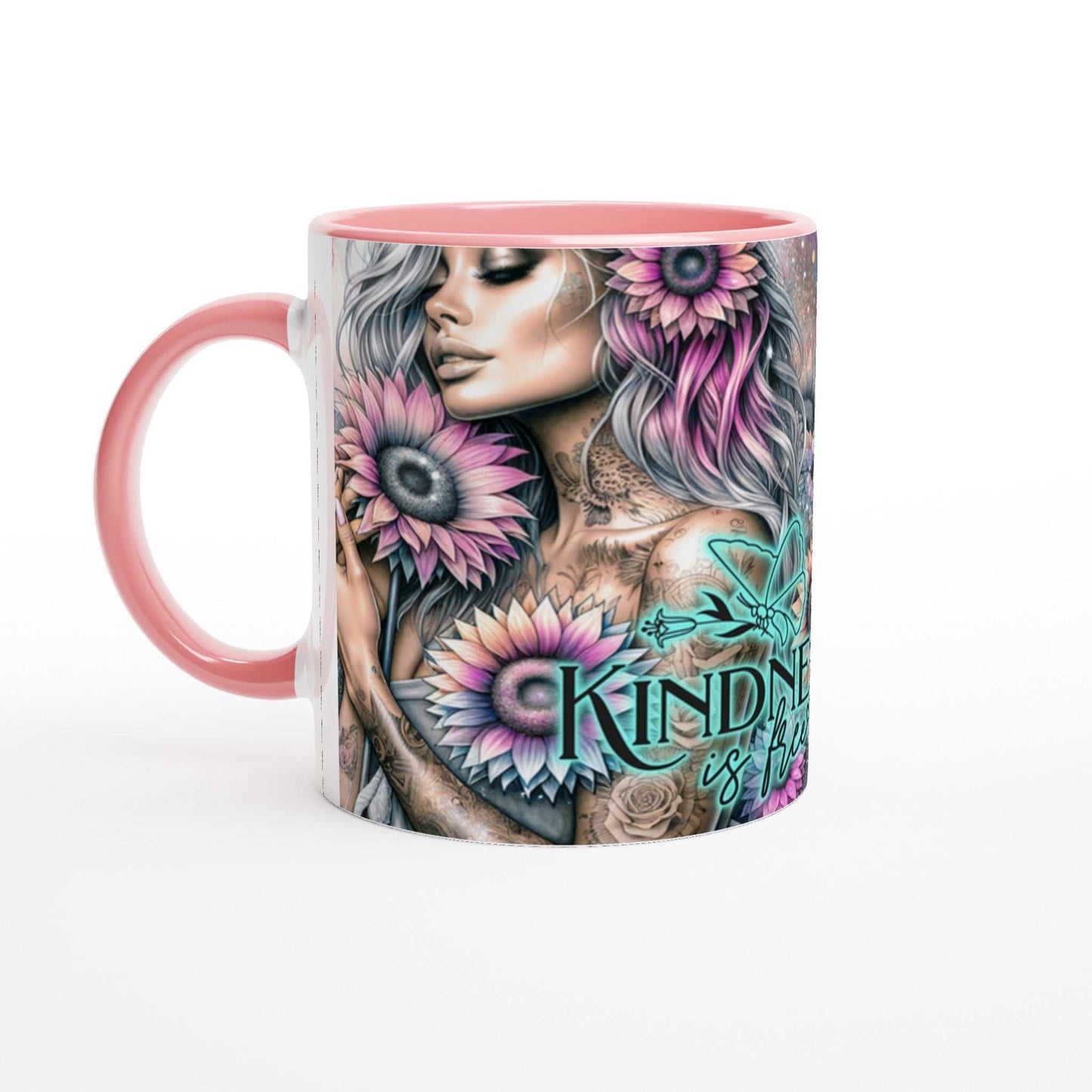 Kindness Is Free motivational coffee mug with vibrant, inspirational design and pink accents.