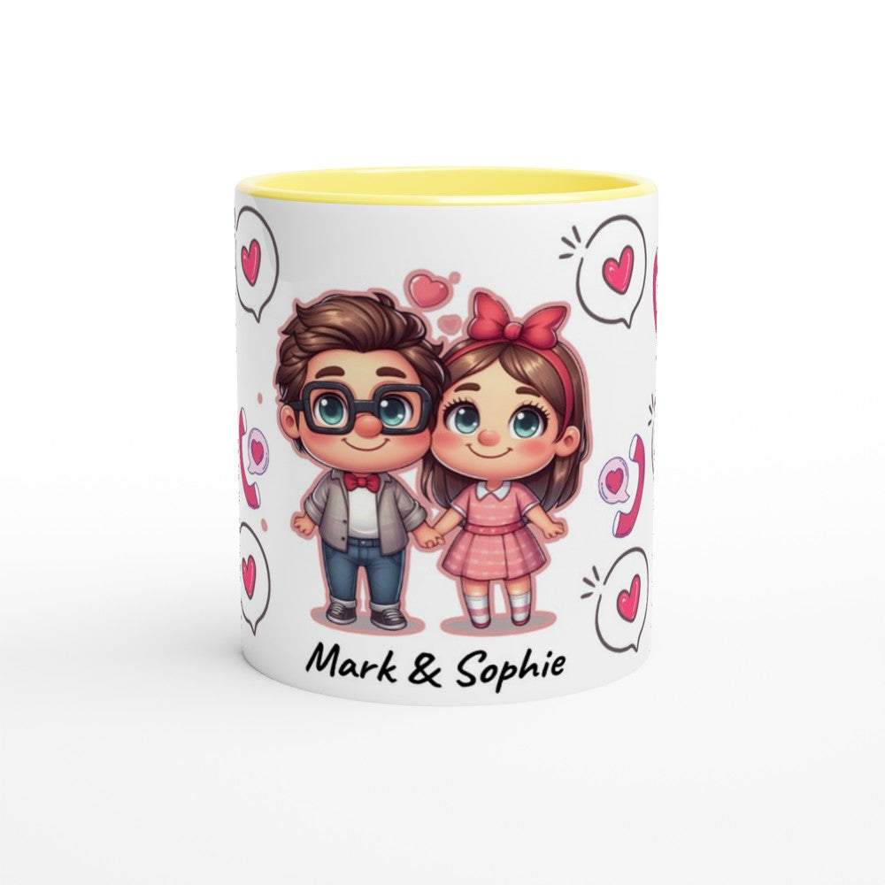Cute personalised Valentines mug with cartoon couple design and custom names, 11oz ceramic coffee cup gift.