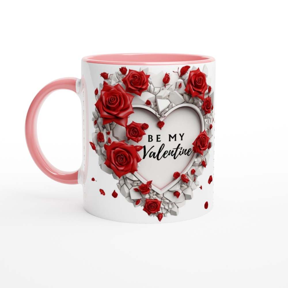 Stunning Valentine's Day mug with red roses and "Be My Valentine" design, pink handle and interior.