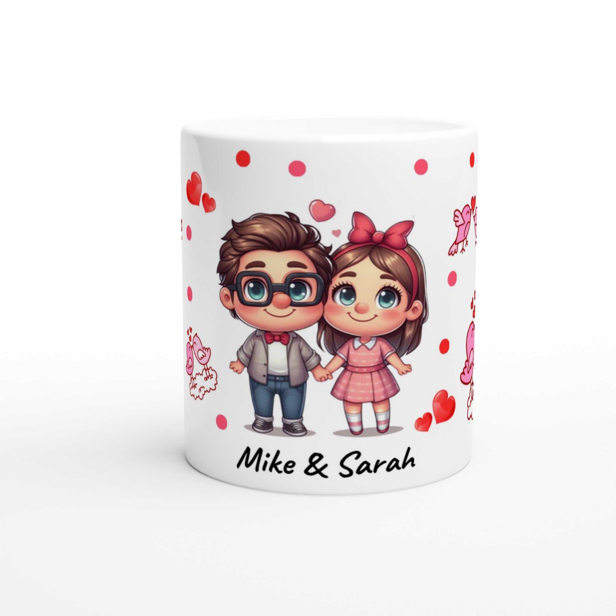Cute personalised Valentines Day mug with cartoon couple design, customizable names, perfect romantic gift.
