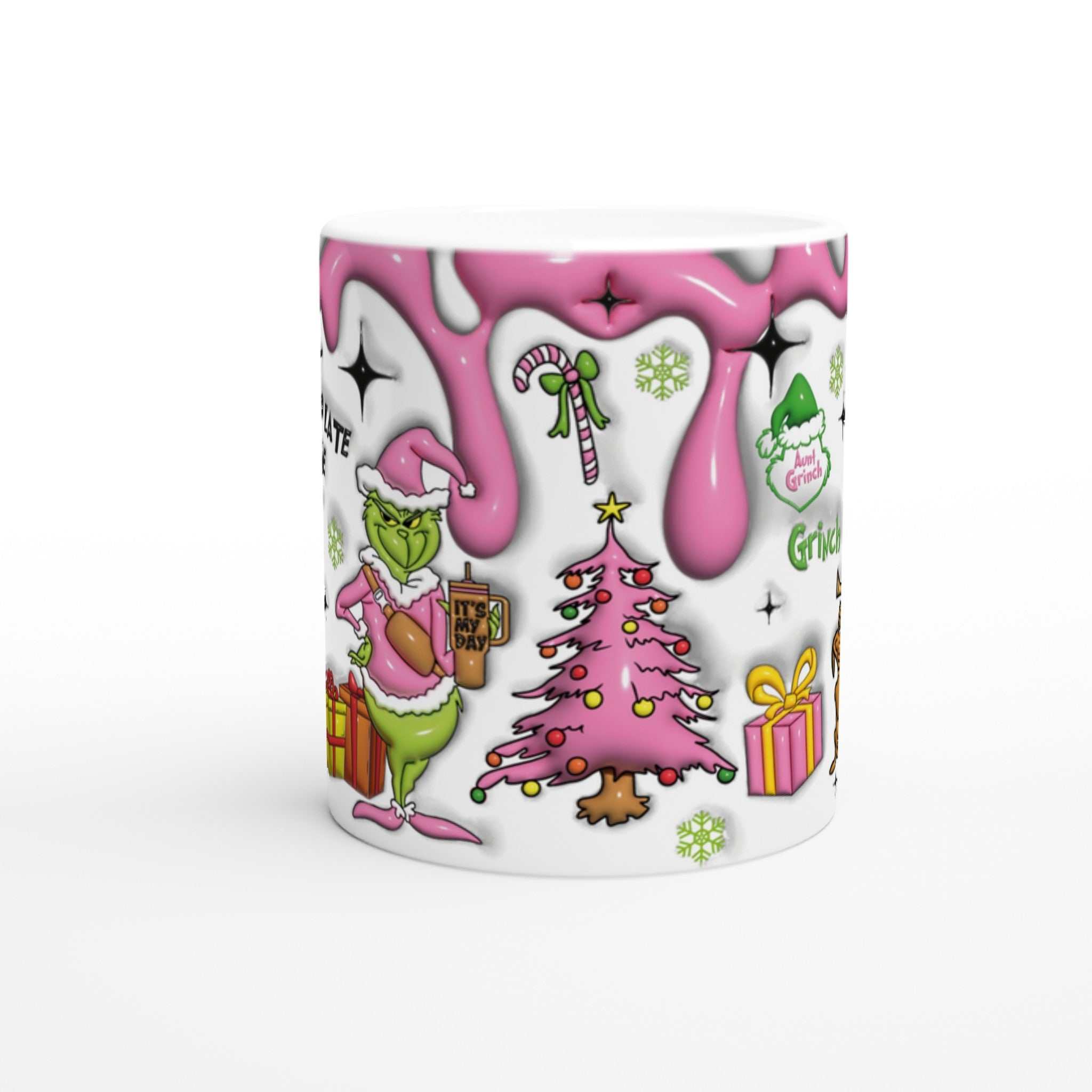 Grinch Christmas Mug with colorful Grinch and holiday design, 11oz ceramic, microwave and dishwasher safe.