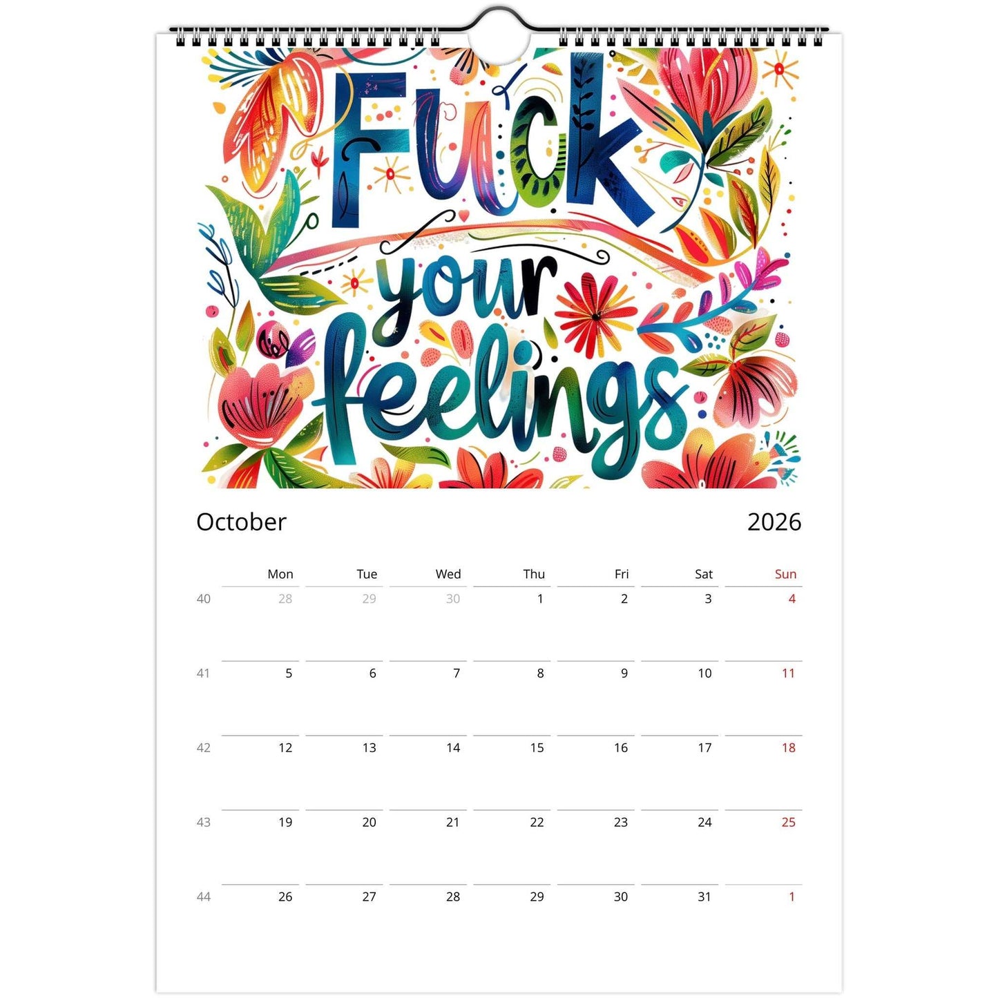 2026 Welcome to the Fuckery wall calendar with bold floral typography and monthly note squares