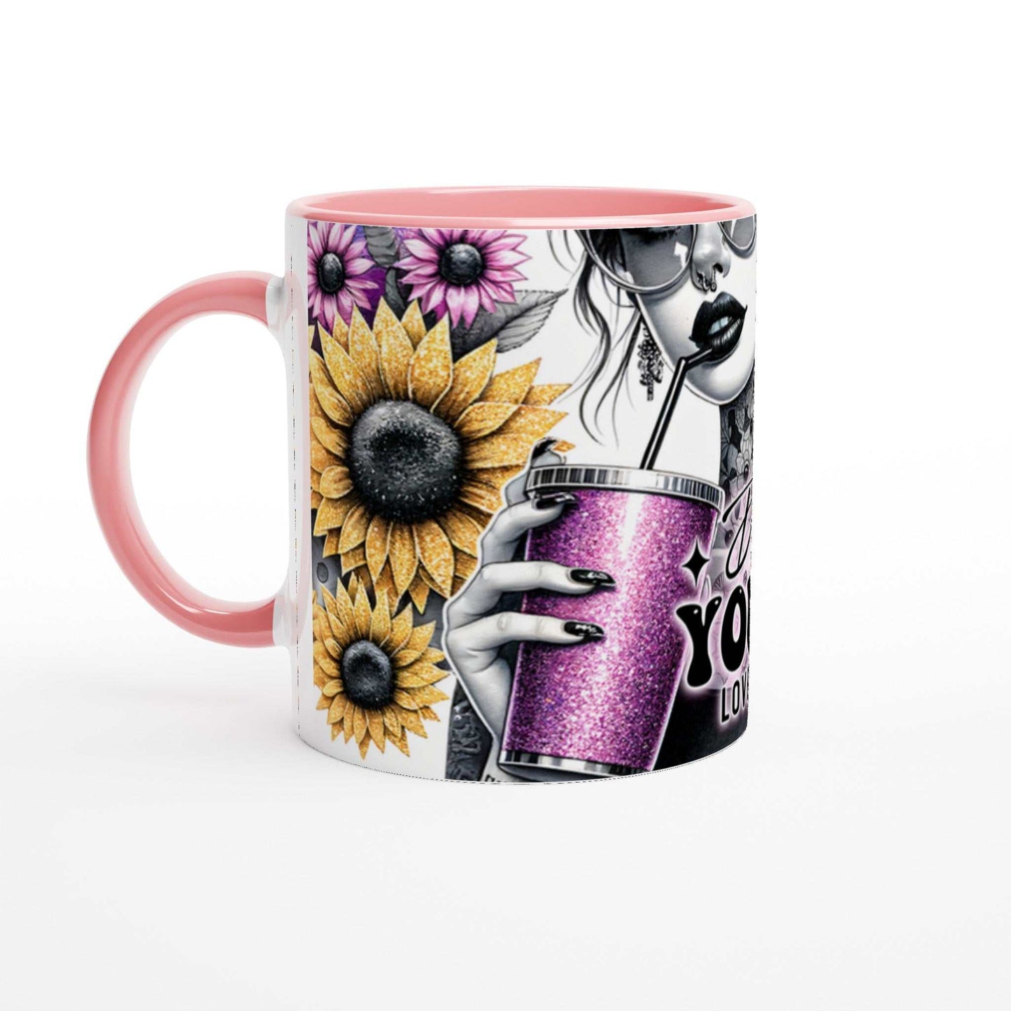 Do What You Love motivational coffee mug with glossy pink rim and vibrant floral design.