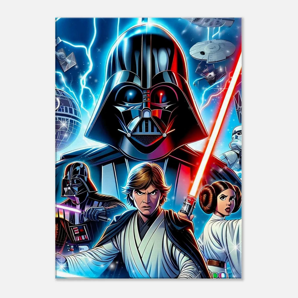 Star Wars wall canvas featuring Darth Vader, Luke Skywalker, and Leia in a vibrant scene.