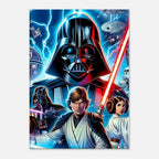 Star Wars wall canvas featuring Darth Vader, Luke Skywalker, and Leia in a vibrant scene.
