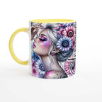 Stronger Than The Storm motivational coffee mug with vibrant floral design and yellow handle.