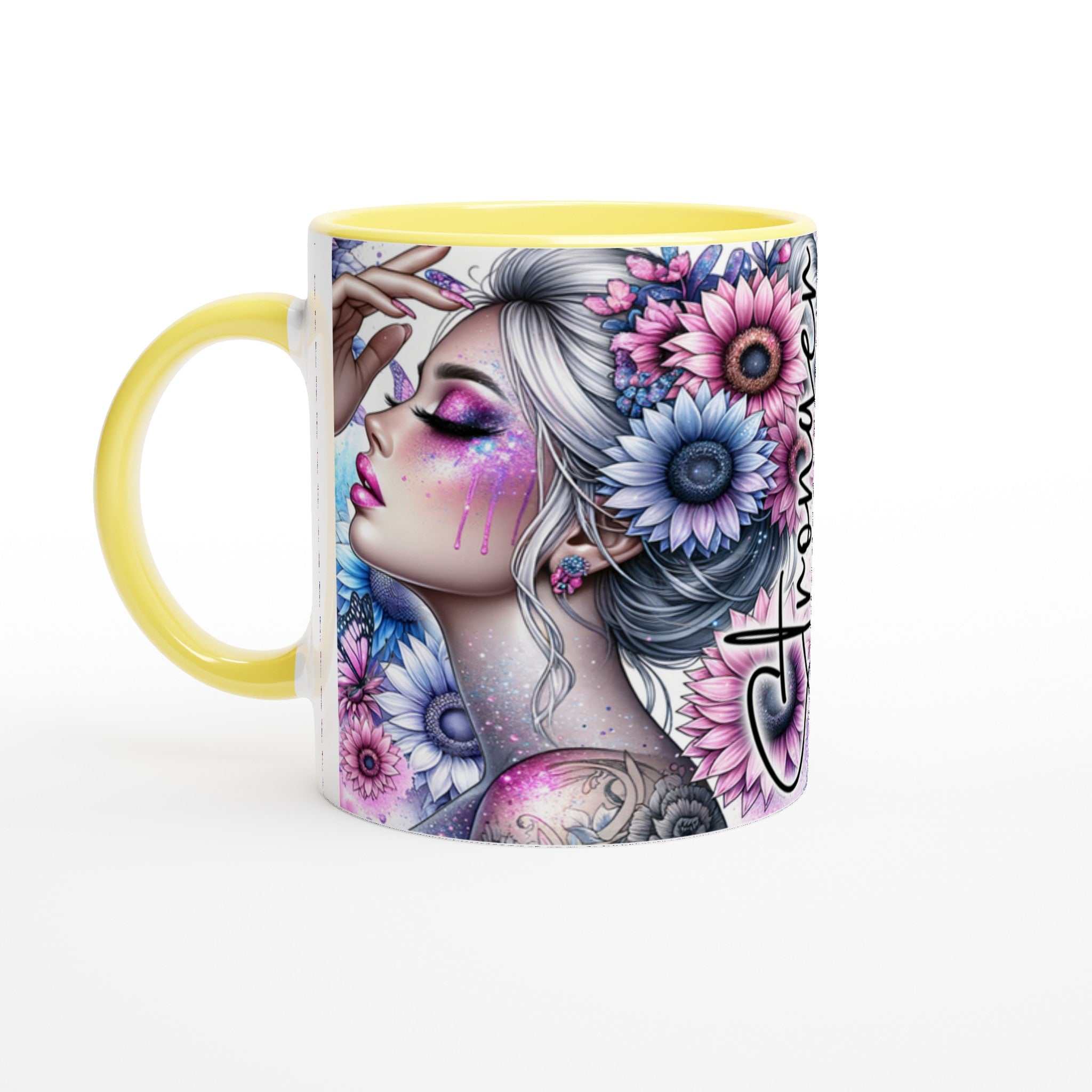 Stronger Than The Storm motivational coffee mug with vibrant floral design and yellow handle.