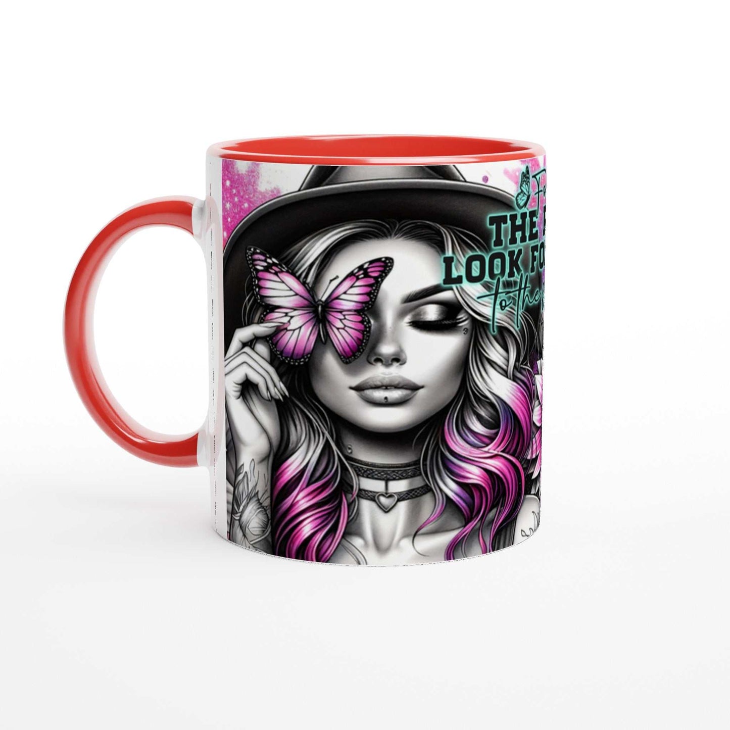 Vibrant glossy white ceramic coffee mug with motivational quote, colorful rim and handle, featuring a butterfly and woman design.