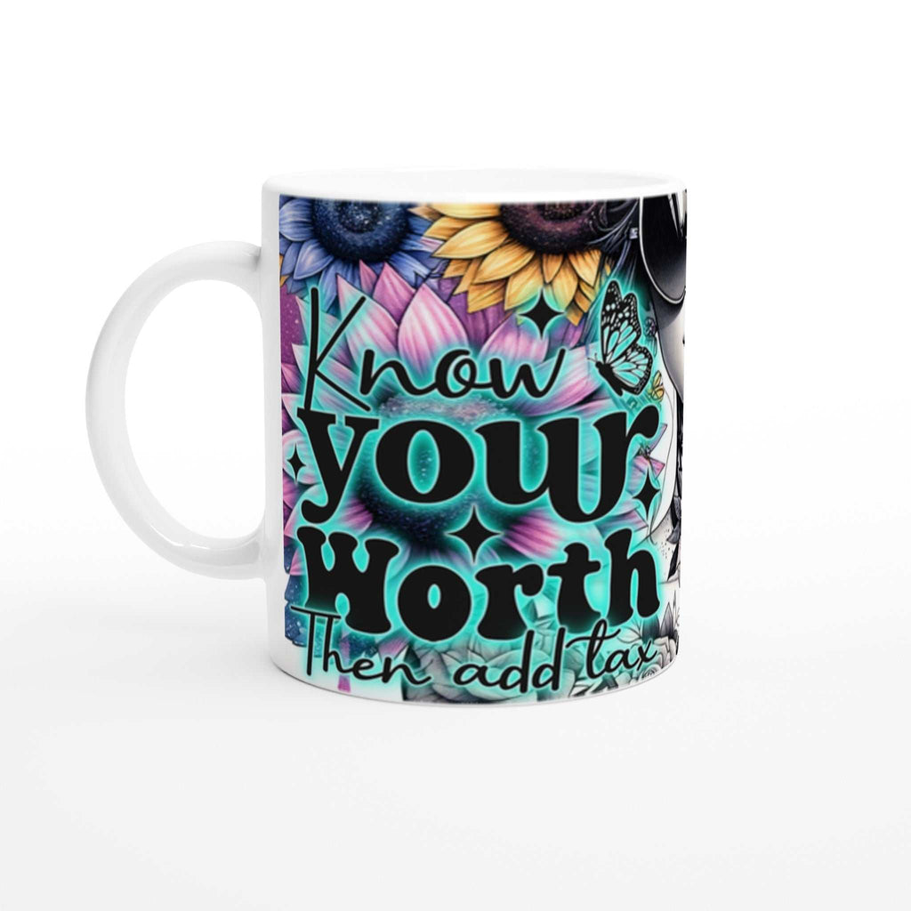 Know Your Worth motivational coffee mug with colorful floral design and inspirational quote.