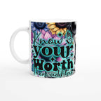 Know Your Worth motivational coffee mug with colorful floral design and inspirational quote.