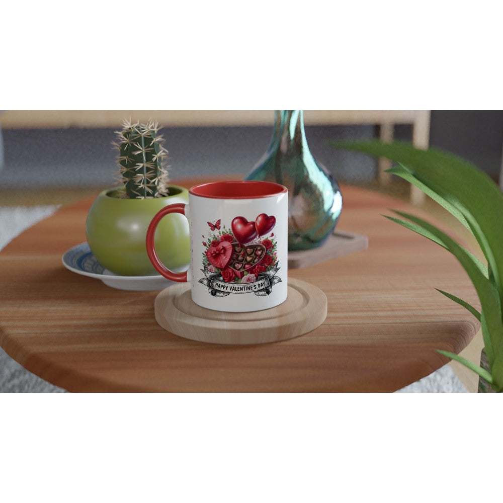 Gorgeous Valentine's Mug with vibrant heart and rose design, 11oz ceramic, red handle, perfect gift.