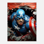 Captain America Wall Canvas featuring bold, dynamic artwork of superhero breaking through a brick wall.