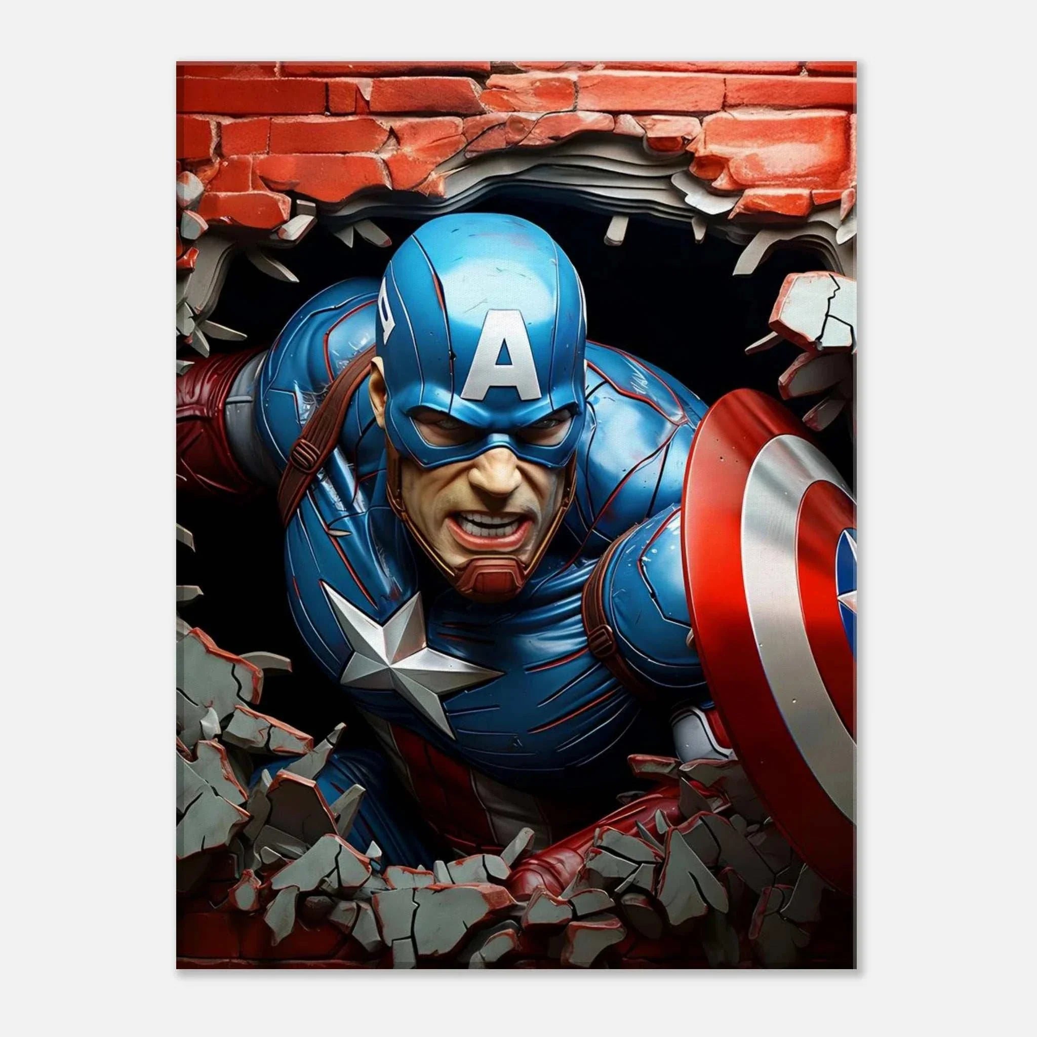 Captain America Wall Canvas featuring bold, dynamic artwork of superhero breaking through a brick wall.
