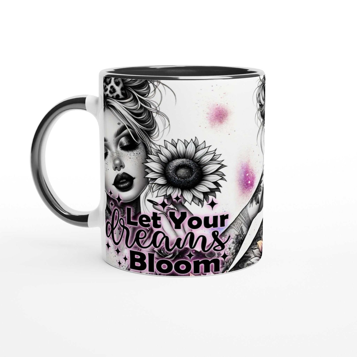 Let your Dreams Bloom motivational coffee mug with vibrant design and inspirational quote.