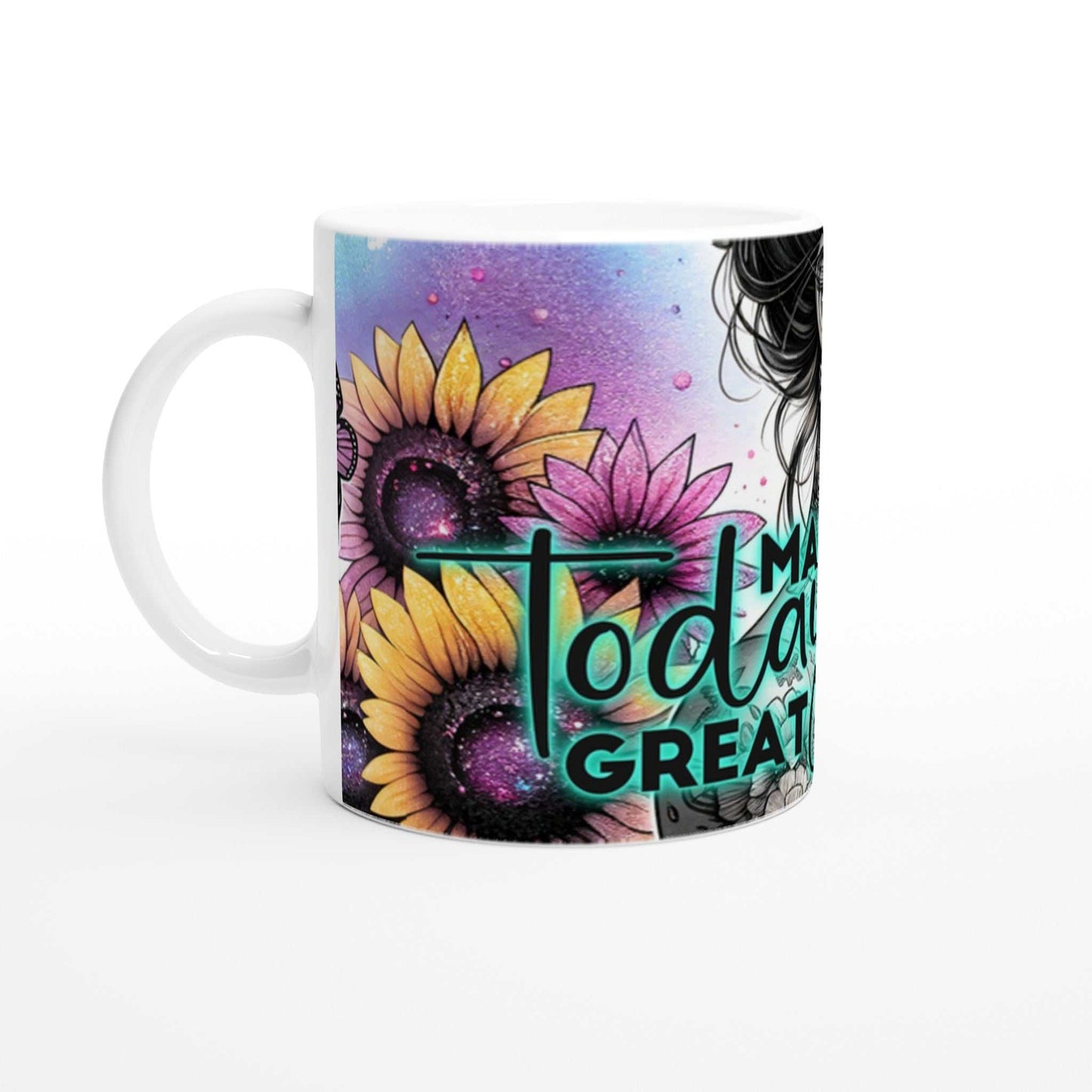 Make Today Great motivational coffee cup with sunflowers design, 11oz ceramic, vibrant colors, dishwasher and microwave safe.