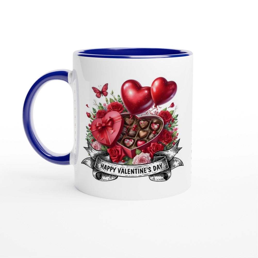 Gorgeous Valentine's Mug with heart and rose design, blue rim and handle, perfect gift for coffee lovers.