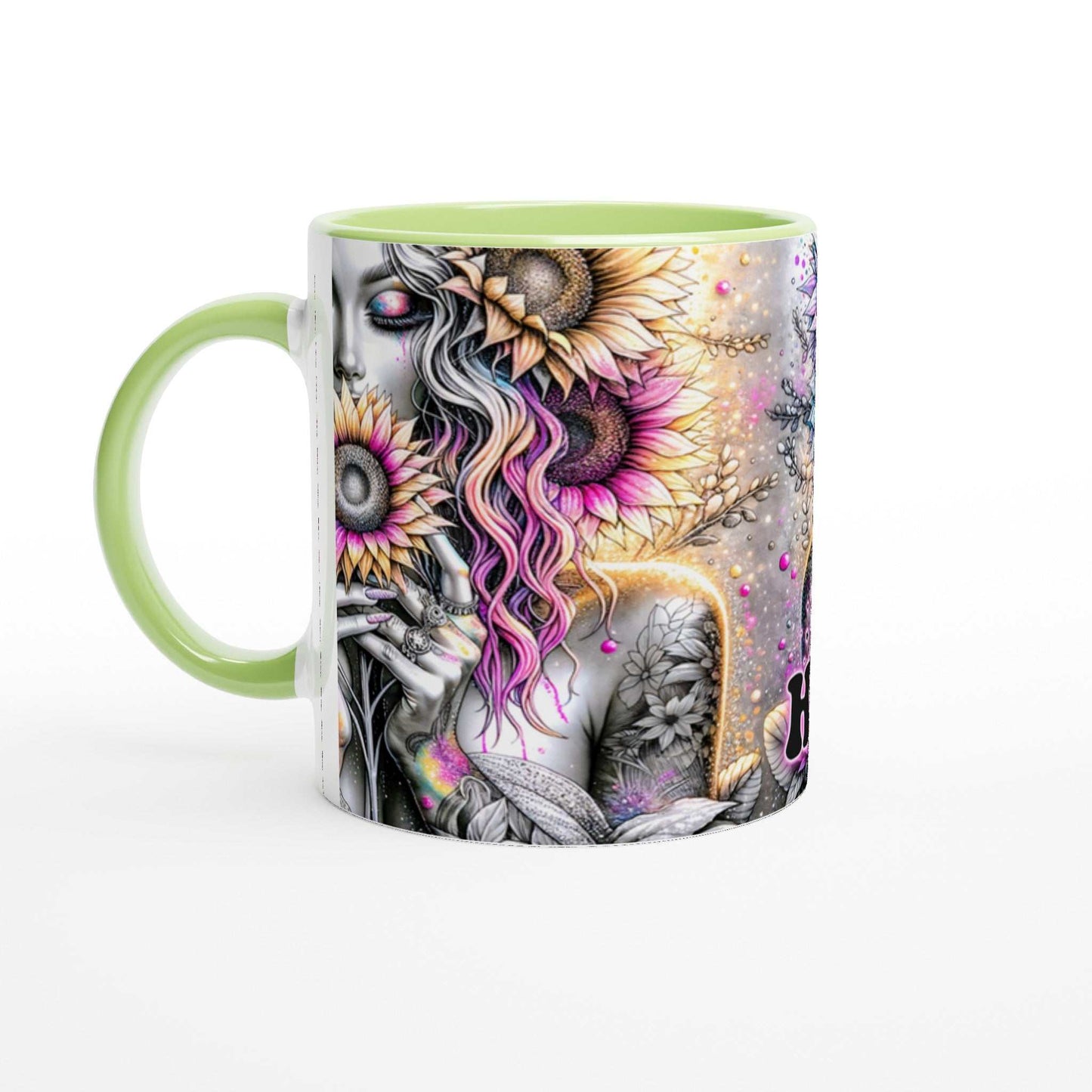 Be Happy motivational coffee mug with vibrant design and colorful handle.