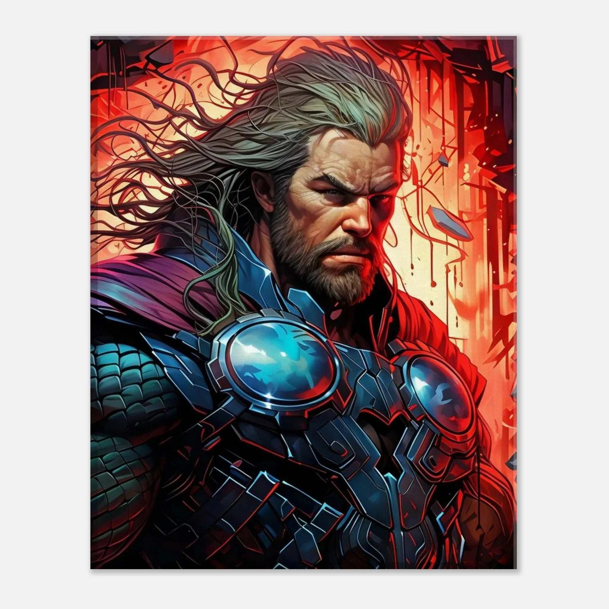Bold Thor wall canvas with vibrant imagery and intense colors.