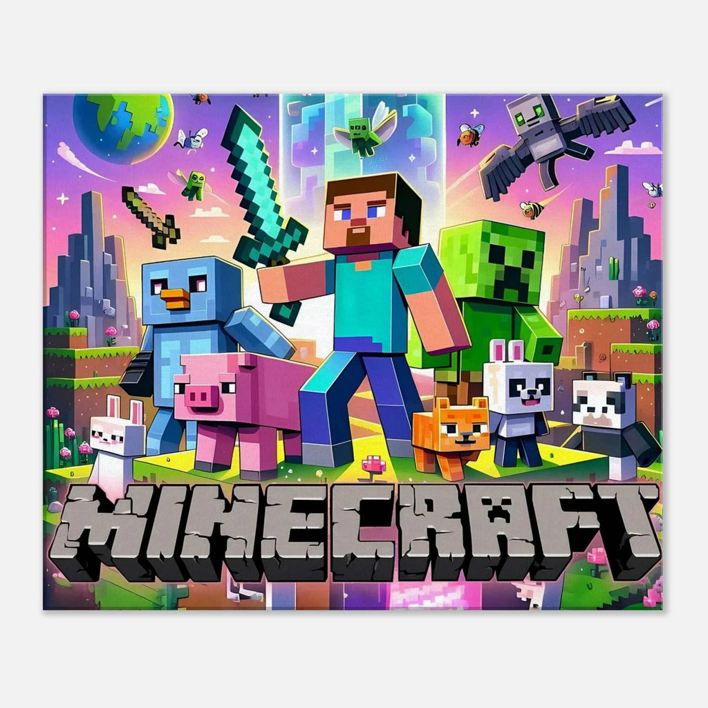 Vibrant Minecraft wall canvas featuring iconic pixelated scenes with characters and animals, perfect for gamers and fans.