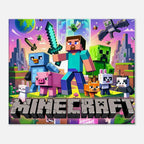Vibrant Minecraft wall canvas featuring iconic pixelated scenes with characters and animals, perfect for gamers and fans.