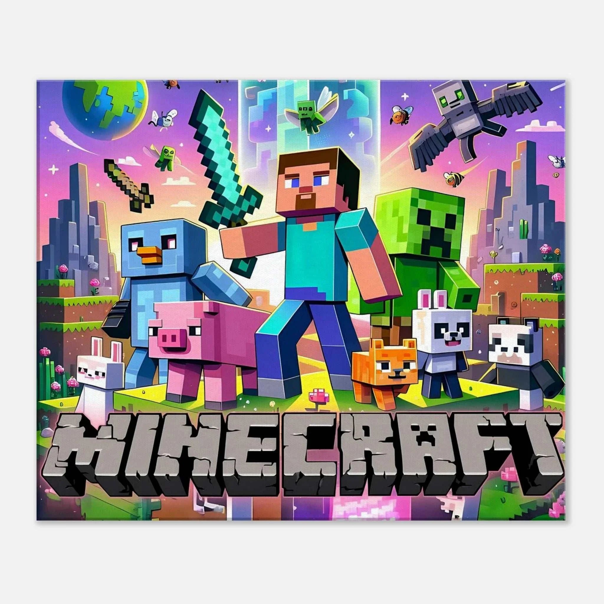 Vibrant Minecraft wall canvas featuring iconic pixelated scenes with characters and animals, perfect for gamers and fans.