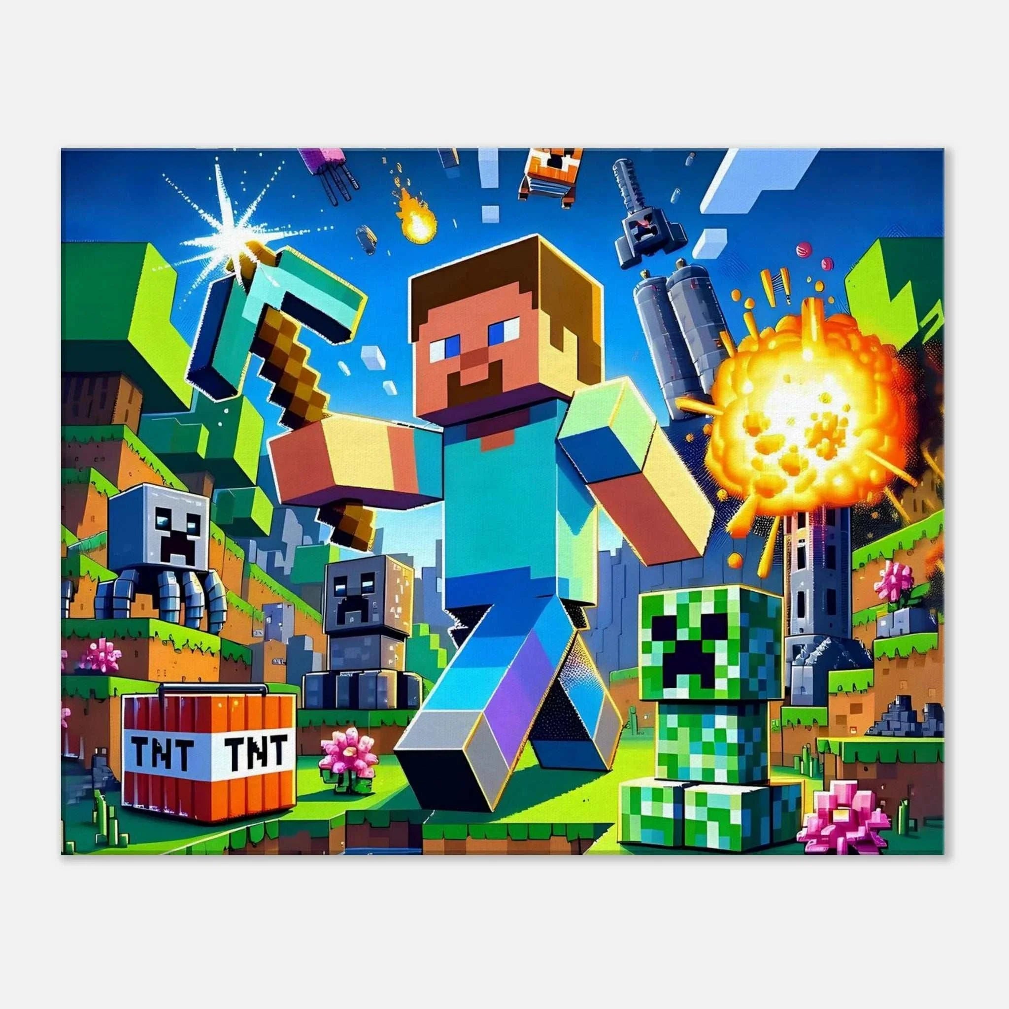 Minecraft Wall Canvas featuring vibrant blocky graphics, ideal for fans; available in multiple sizes with hanging kit included.
