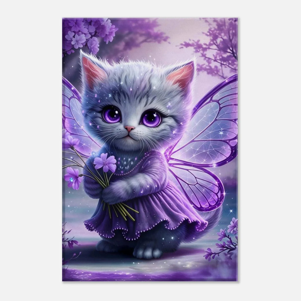 Adorable fairy kitten with lilac wings and dress on wall canvas.