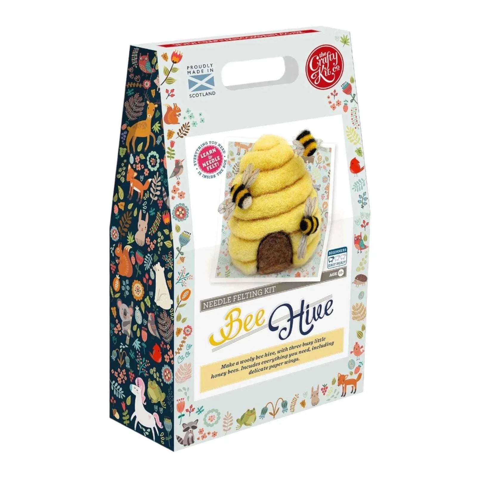 Beehive Needle Felting Kit packaging with colorful illustrations and crafting materials.